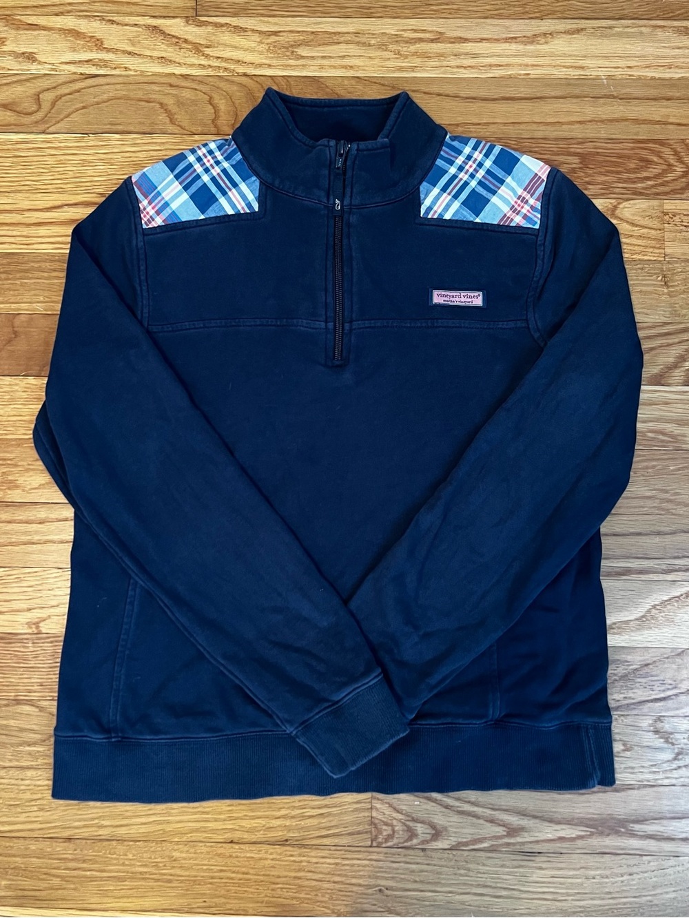 Vineyard Vines Navy Quarter-Zip Pullover with Blue Plaid Shoulders